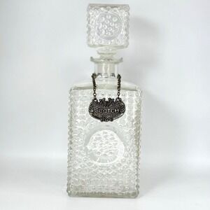 VTG Hobnail Glass Liquor Decanter w/ Stopper + Scotch & Gin Tags Barware Display